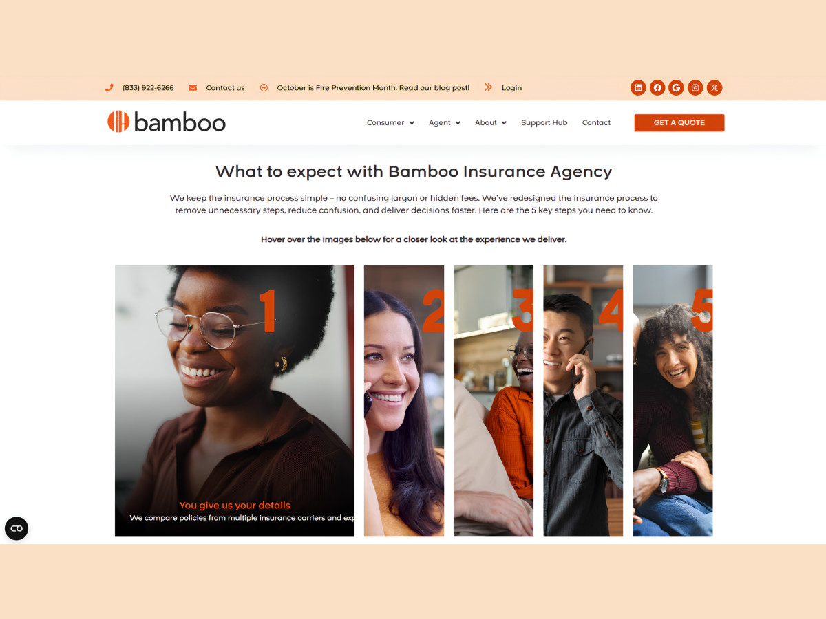 Bamboo webpage detailing a five-step insurance process with lifestyle photos.