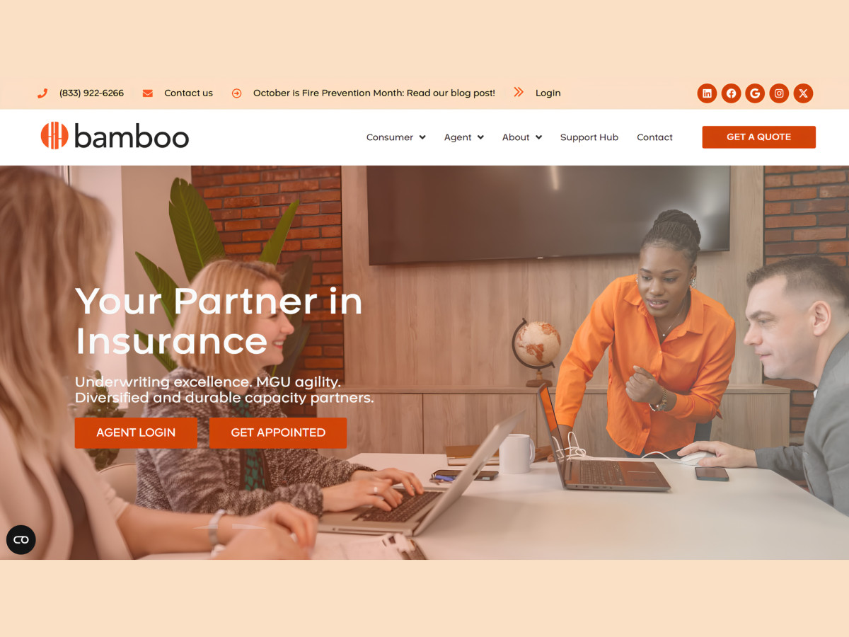 Agent partnership webpage featuring office photography and login buttons.