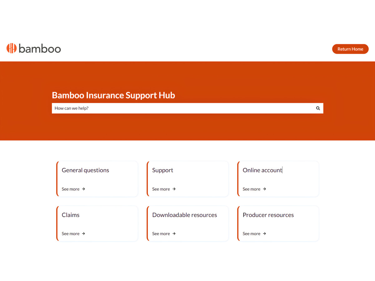 Bamboo Support Hub webpage featuring search bar and category links.