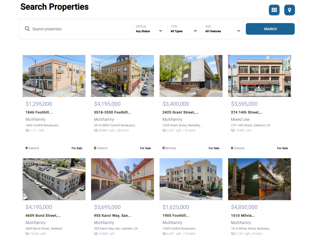Property search interface displaying a grid of multifamily listings.