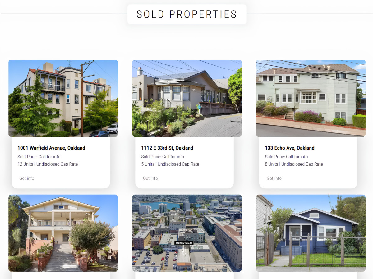 Sold properties webpage section showing building photos and addresses.
