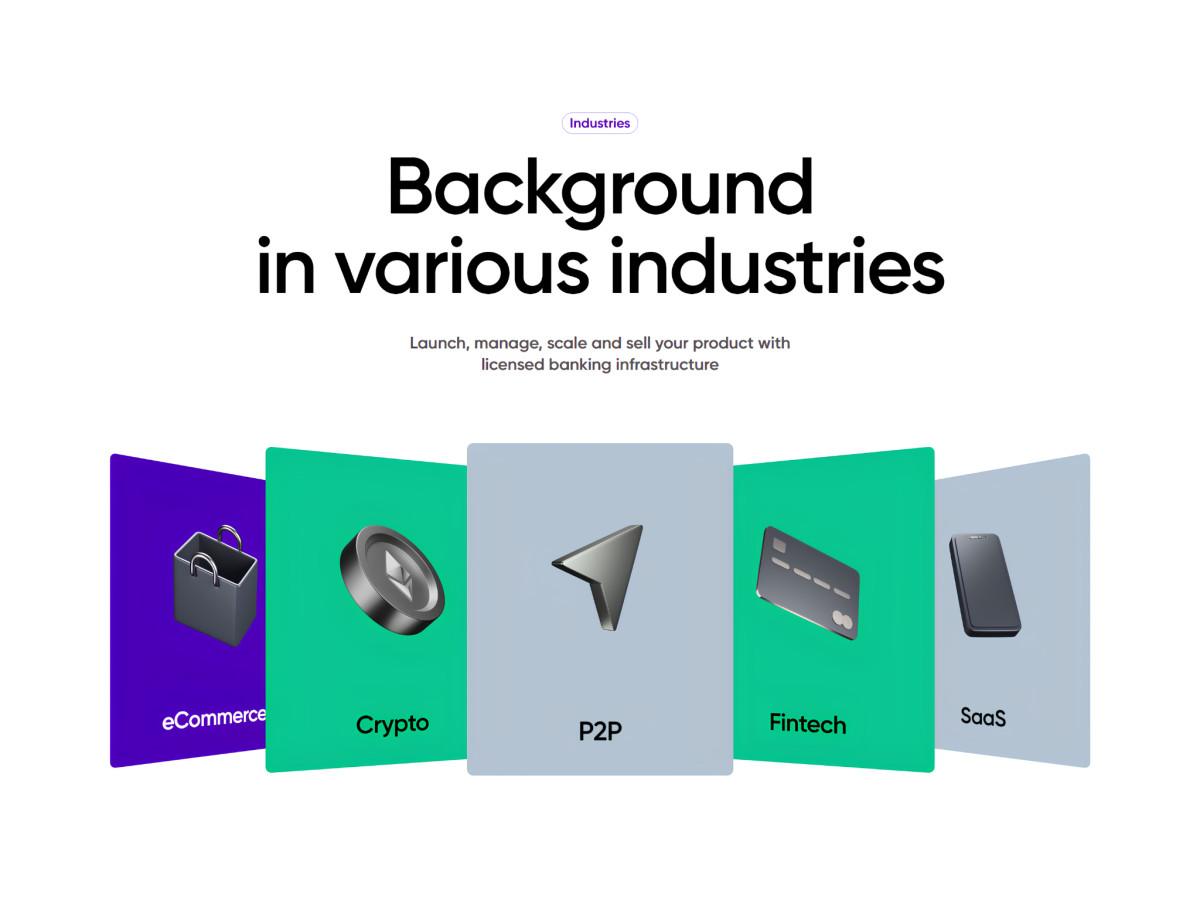 Fanned 3D industry cards for eCommerce, Crypto, and Fintech.