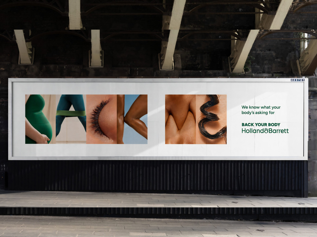 Billboard spelling BACK ME using various human body shapes.