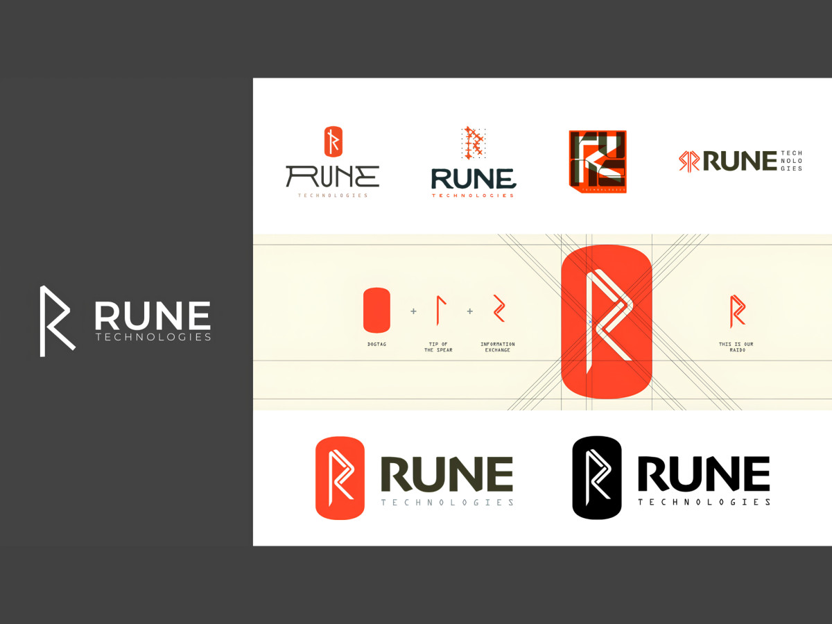 Rune Technologies logo explorations showing the stylized R icon.