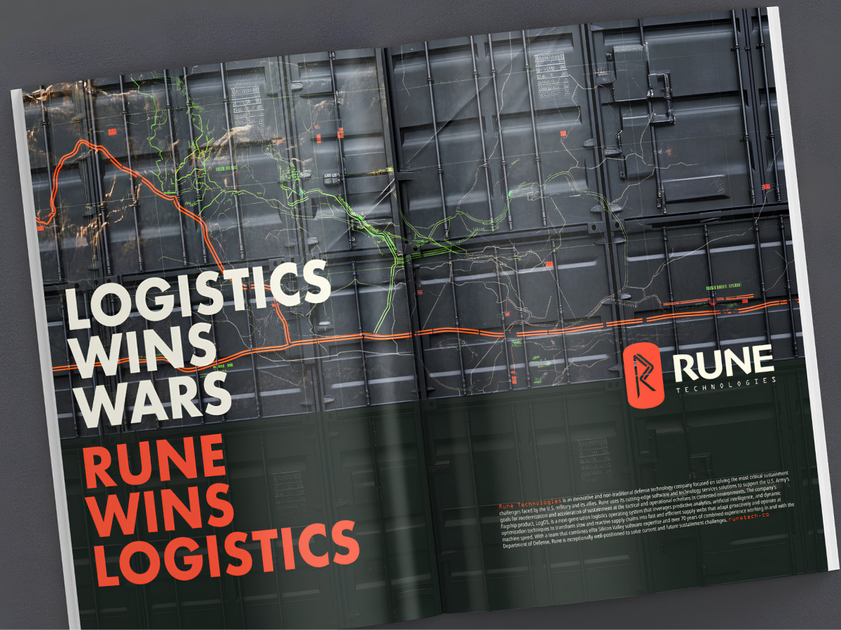 Magazine spread declaring "Logistics Wins Wars, Rune Wins Logistics".