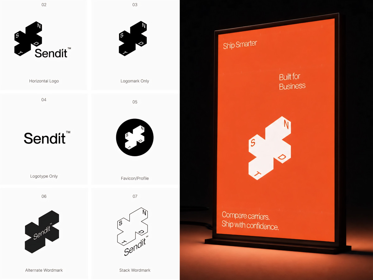 rid of Sendit logo variations displayed alongside an orange backlit promotional poster.
