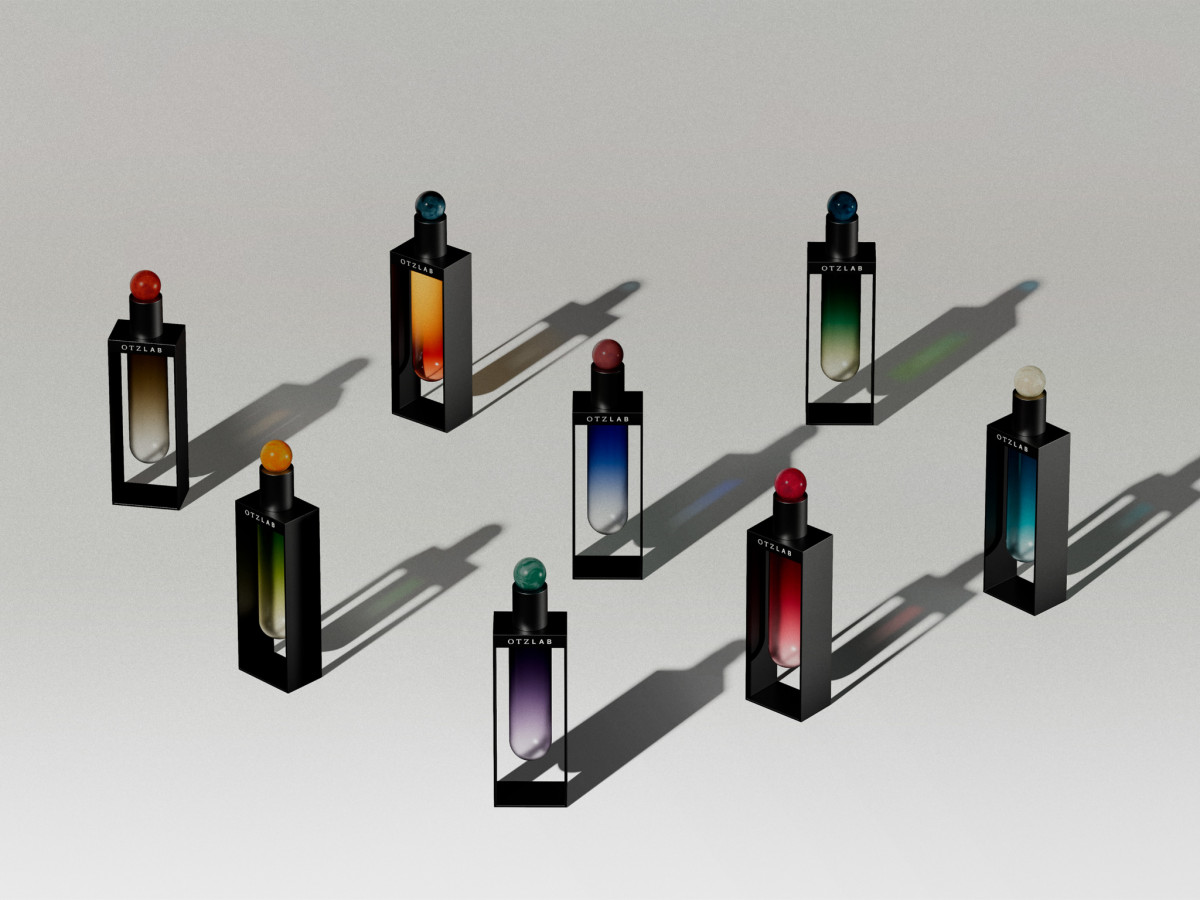 Multiple test-tube-like perfume bottles.