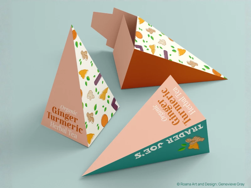 Ginger Turmeric Herbal Tea box with a pattern of ginger, turmeric, oranges and leaves around a peach circle label.