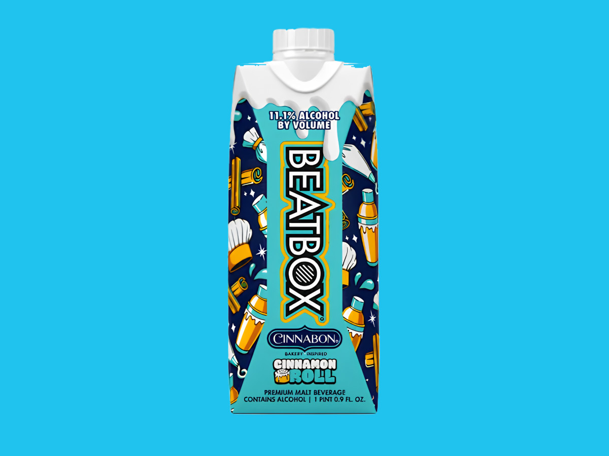 Standalone BeatBox Cinnamon Roll carton with a frosting graphic on a solid blue background.
