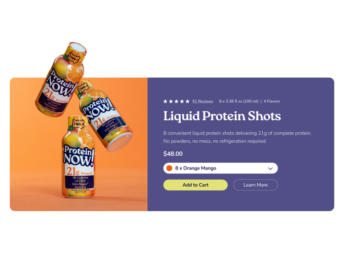 Orange Mango Liquid Protein Shots product detail interface.