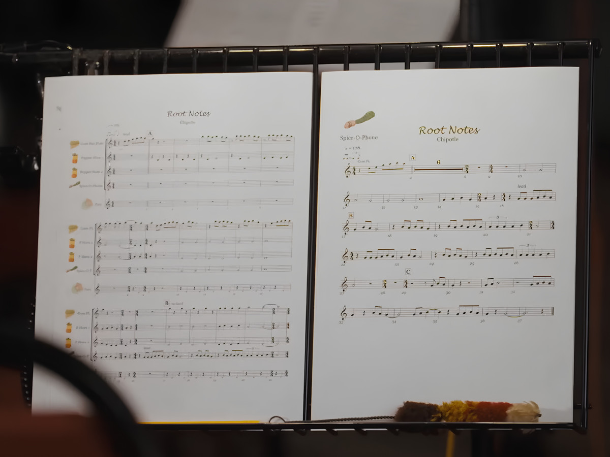 "Root Notes" sheet music displayed on a music stand.