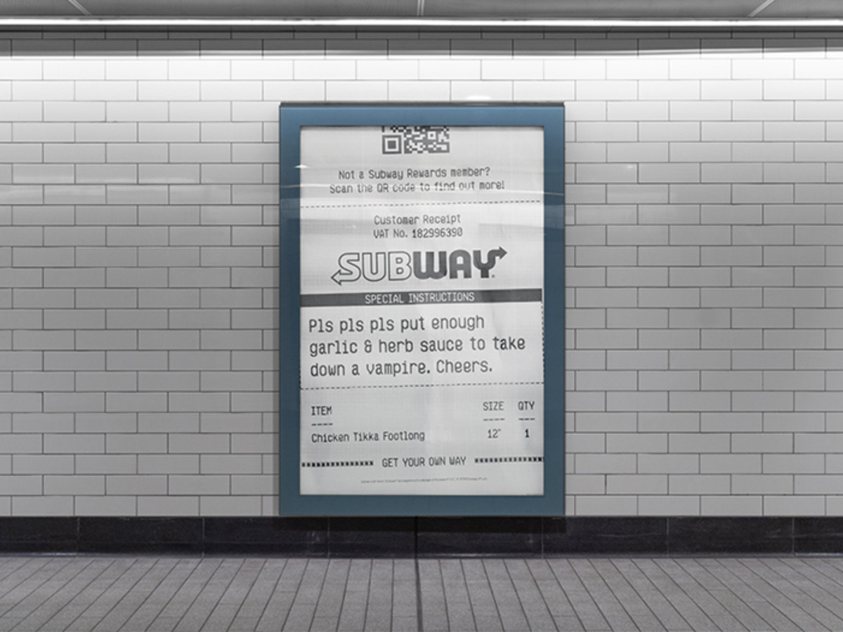 Subway poster designed as a receipt with custom instructions.