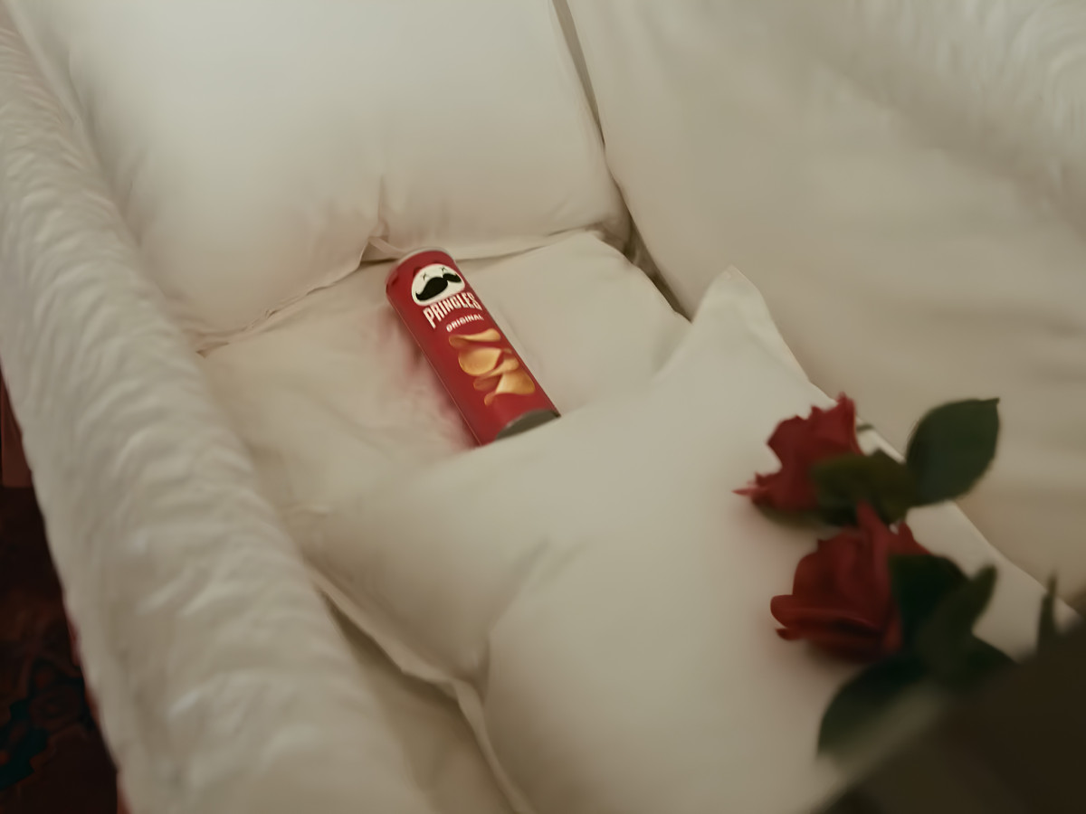Pringles can resting inside a casket with red roses.