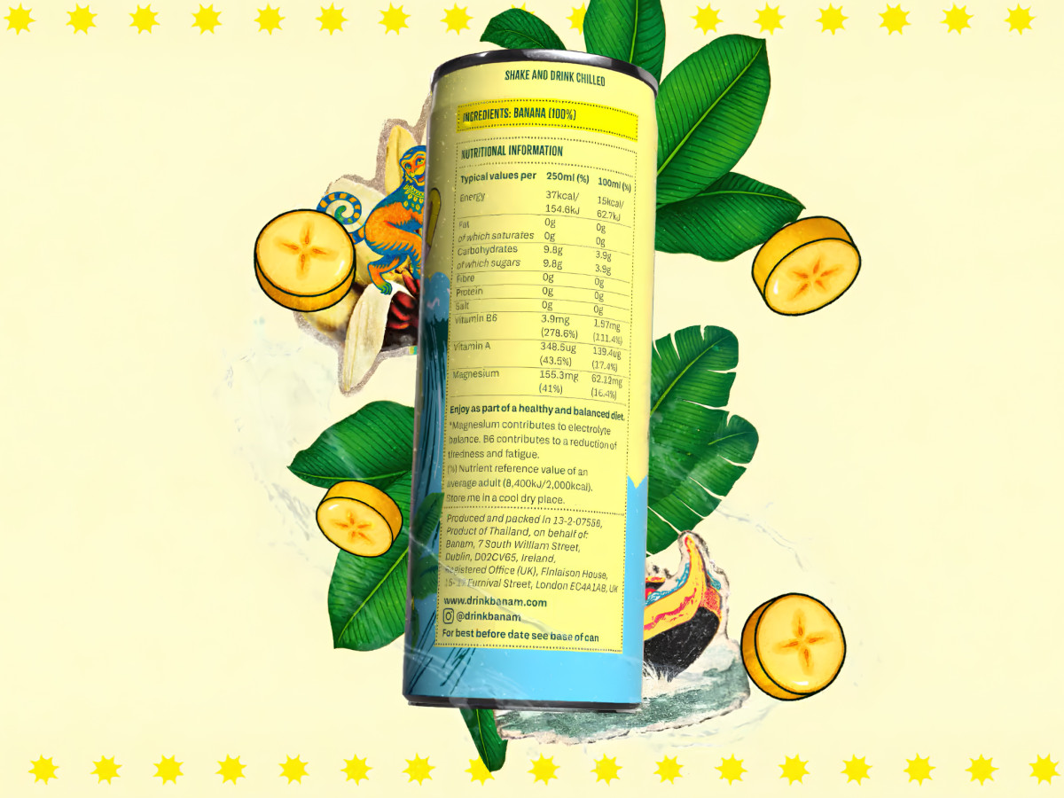 Back of Banam can with nutritional facts and illustration.