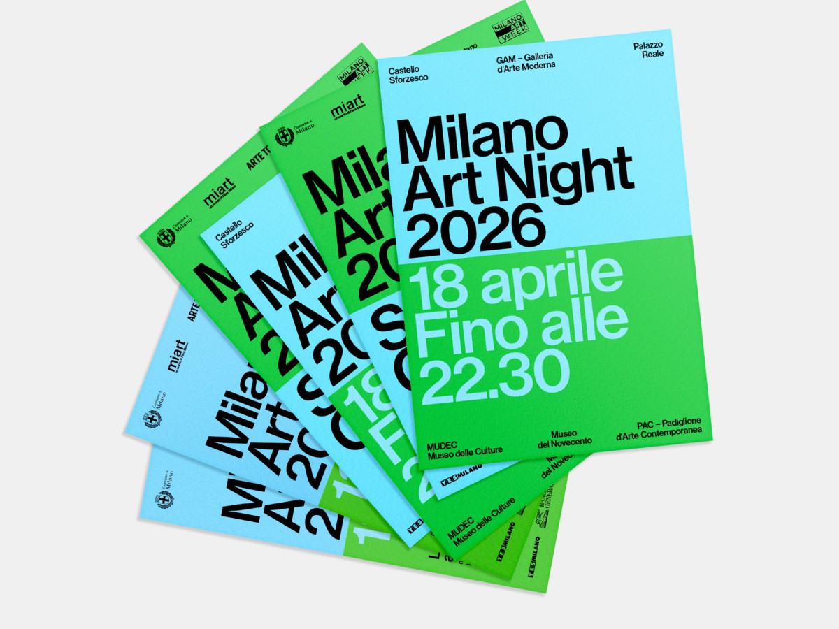Stacked blue and green Milano Art Night 2026 flyers.