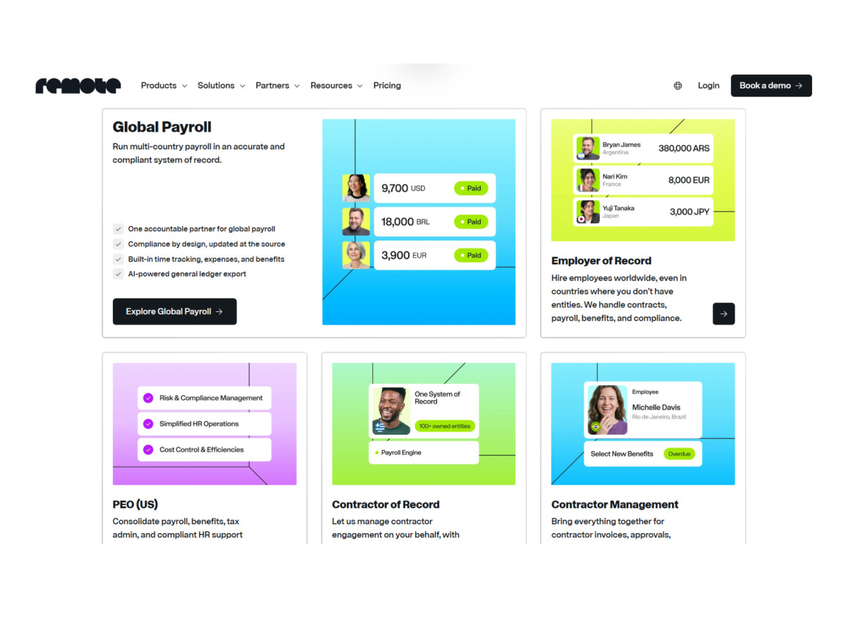 Modular card grid showcasing Remote's global employment services.