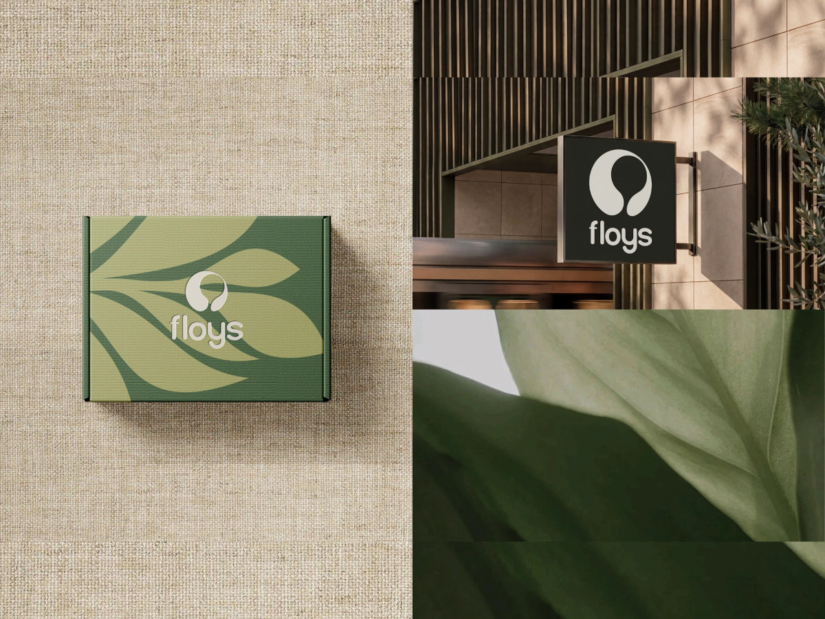 FLOYS brand collateral featuring packaging and outdoor studio signage.