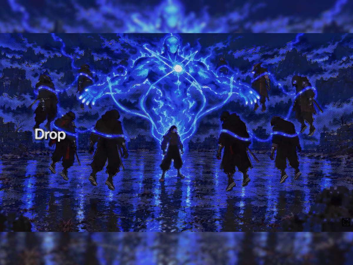 Glowing blue anime figure surrounded by dark ninja silhouettes.