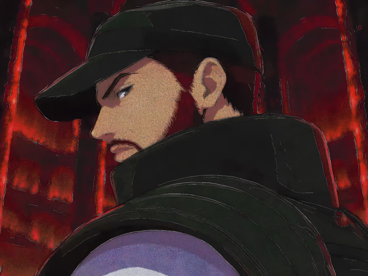 Animated profile of Eminem wearing a cap against red background.