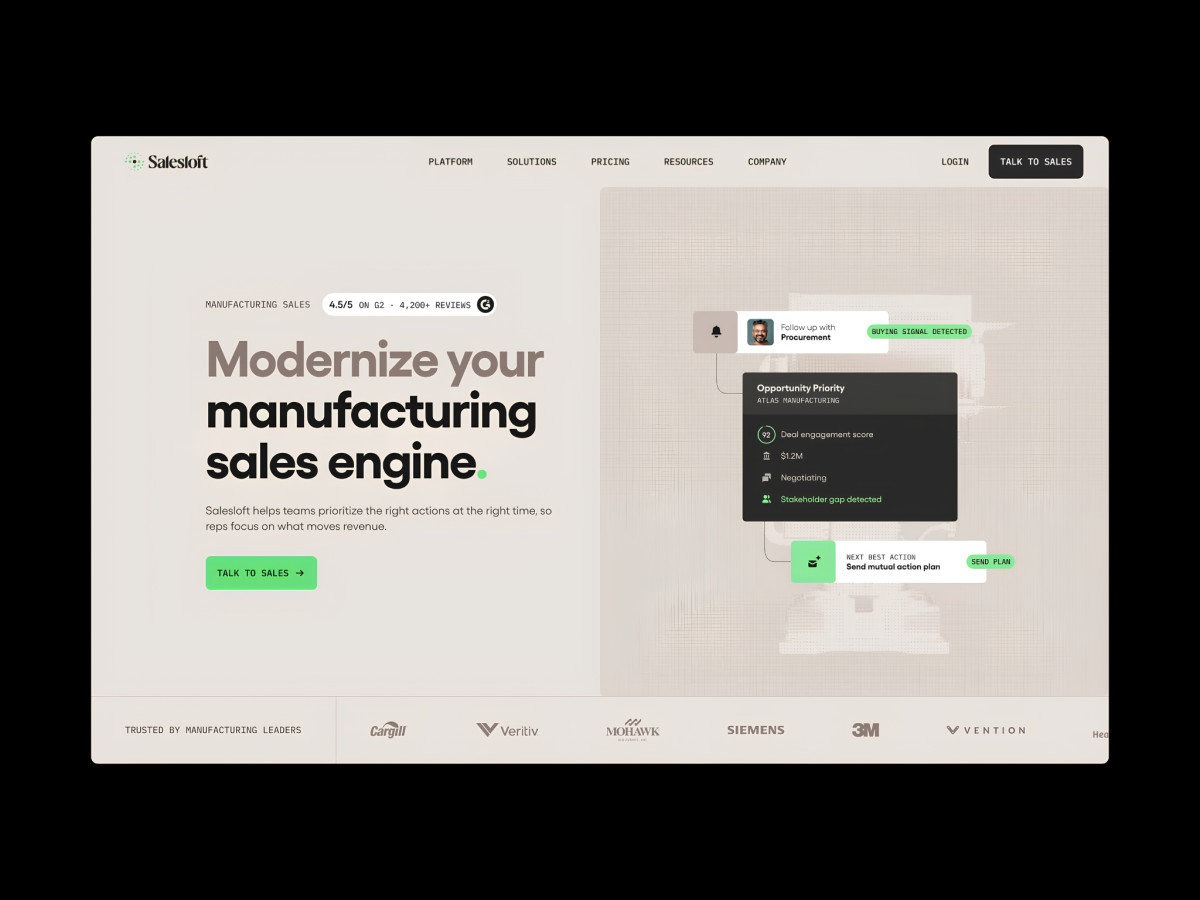 Salesloft landing page hero section with interactive UI cards.