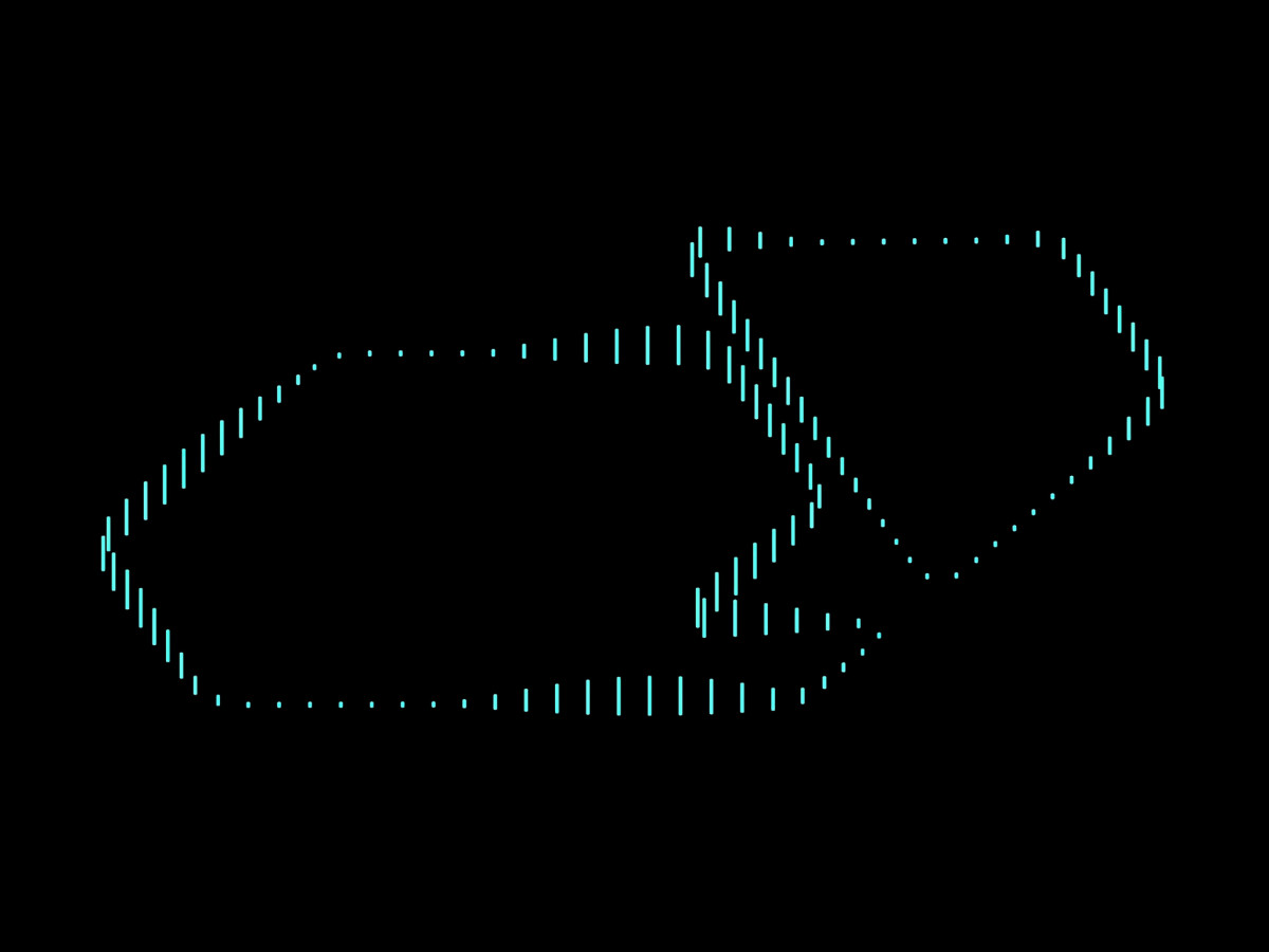 Cyan dotted geometric logo outline on black background.