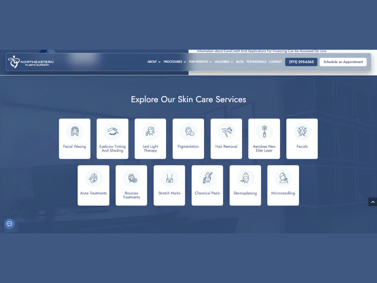 Skin care services section on Northeastern Plastic Surgery website.