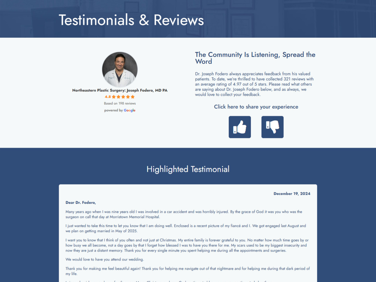 Patient testimonials section on Northeastern Plastic Surgery website.