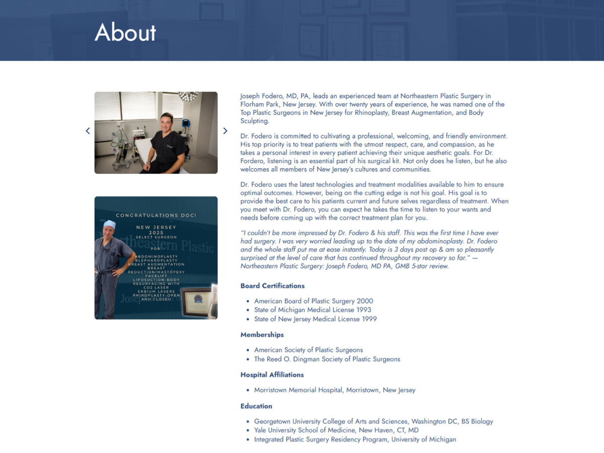 Dr. Fodero credentials on Northeastern Plastic Surgery About page.