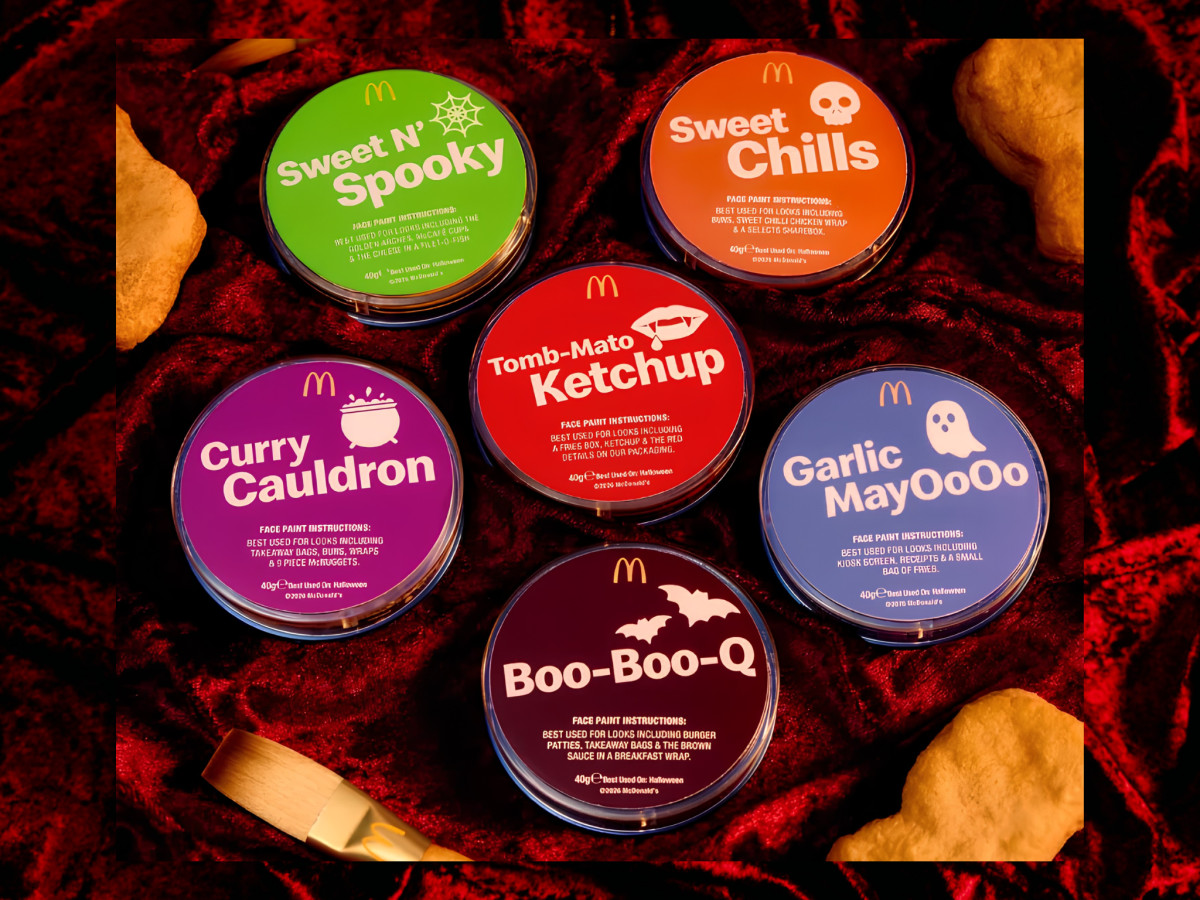 Six McDonald's Halloween sauce-themed face paint tins.