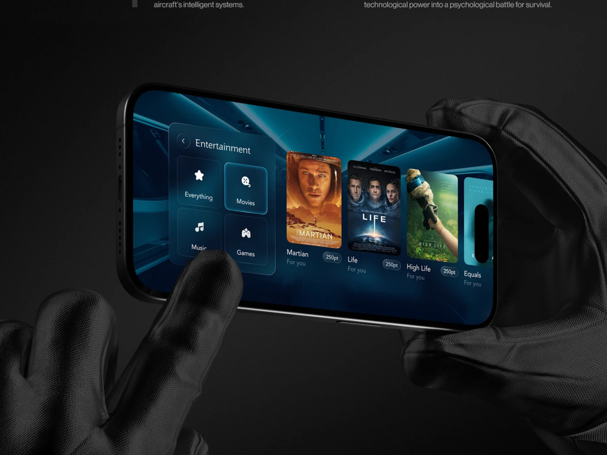 Smartphone displaying Infinite Skies in-flight entertainment menu.