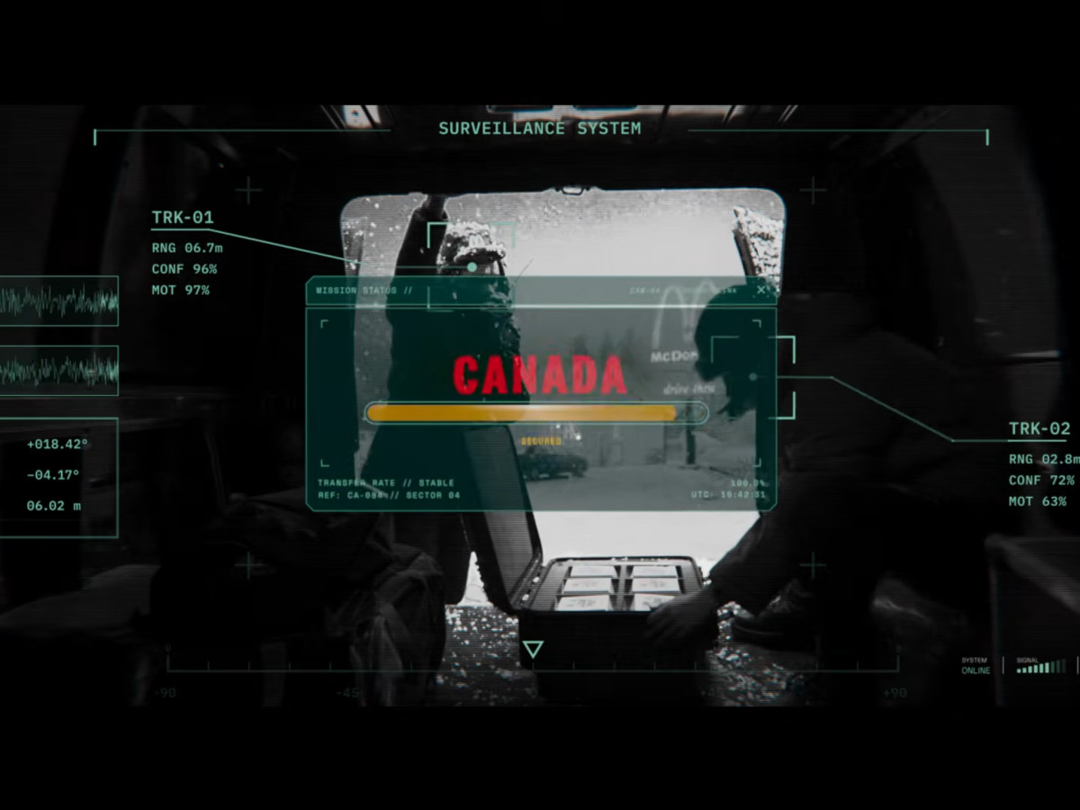 Surveillance view displaying heist interface with Canada mission status.