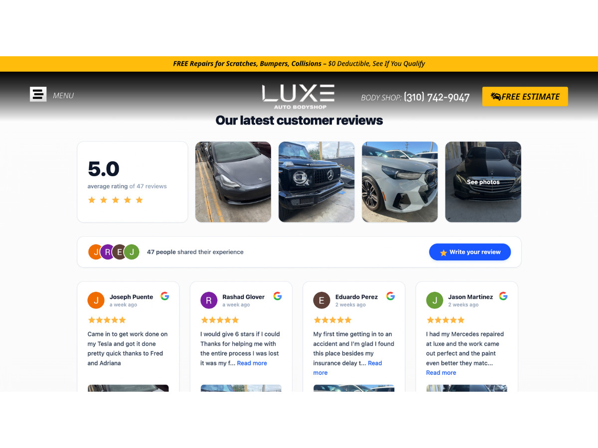 LUXE Auto Body Shop Latest Customer Reviews