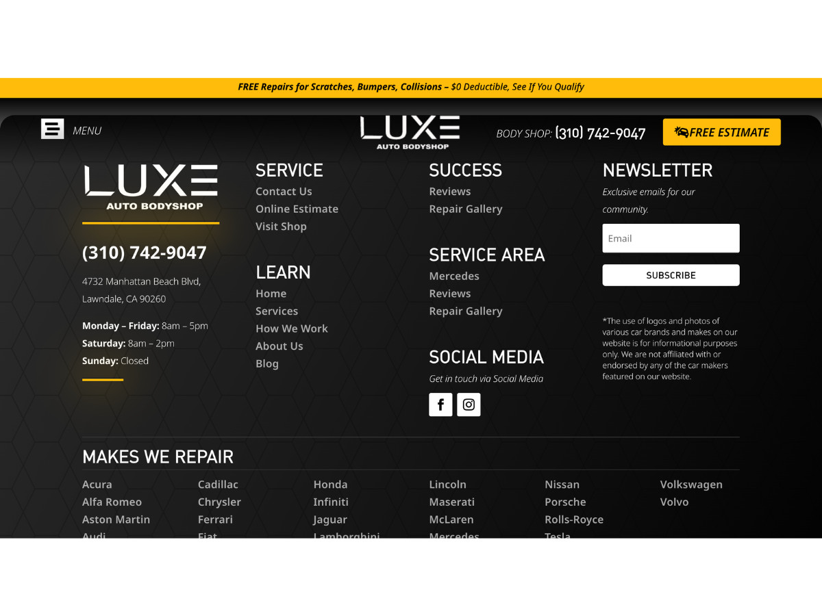 LUXE Auto Body Shop Contact Page