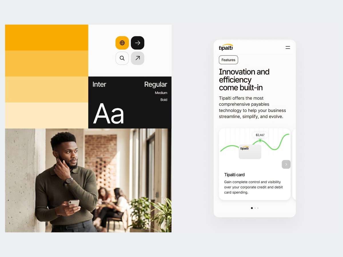 Tipalti design system showing color palette, typography, icons, and mobile screen.