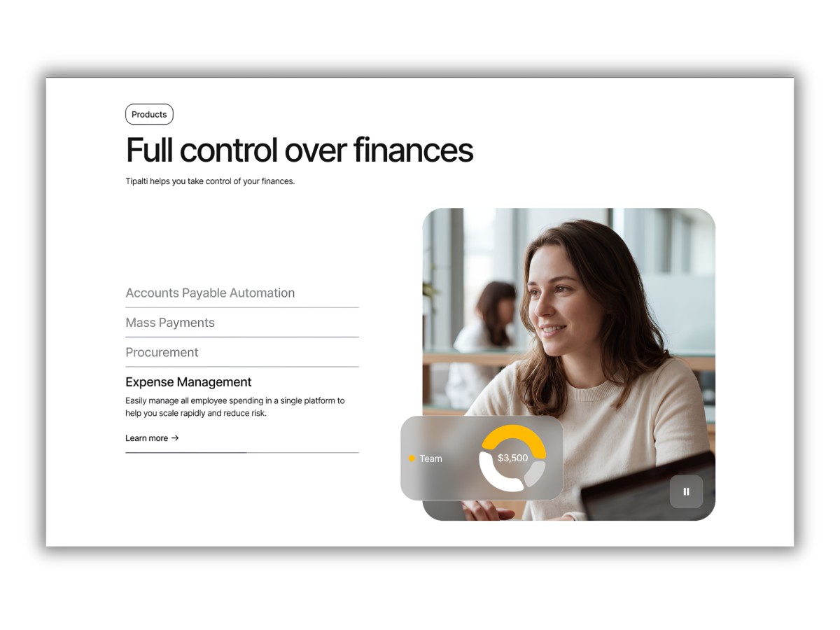Tipalti website feature section displaying financial control and expense management.