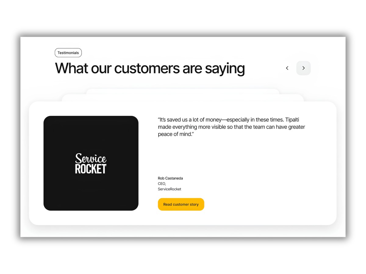 Tipalti website customer testimonials section with Service Rocket case study card.