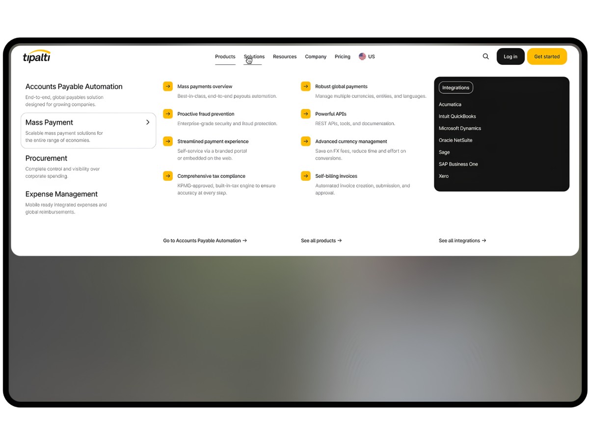 Tipalti desktop website mega menu navigation showcasing product ecosystem and integrations.