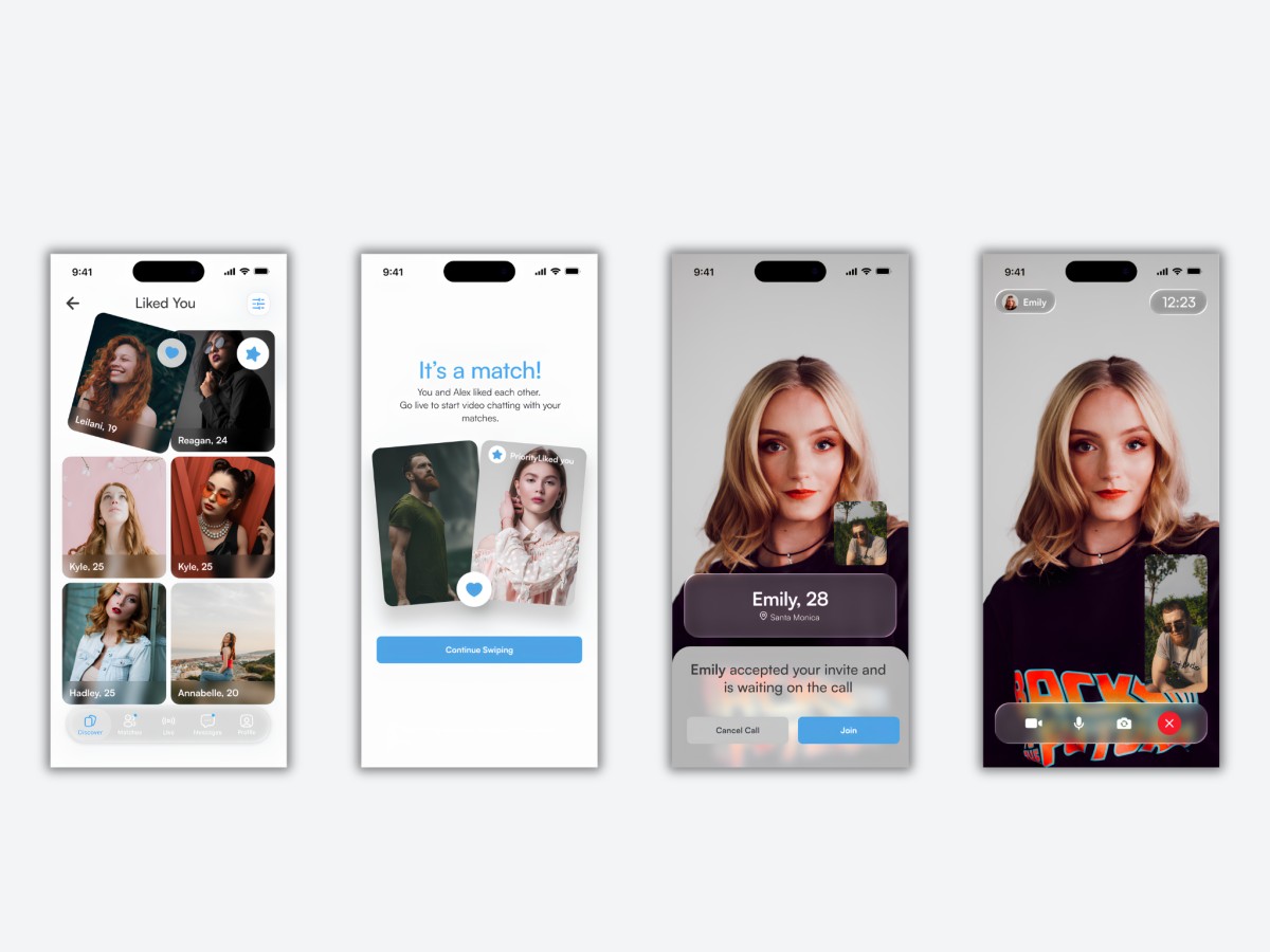 Four Aura Dating smartphone screens showing Liked You grid, match screen, waiting state, and live video call interface.
