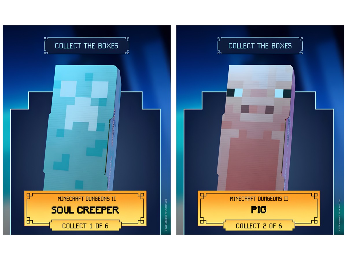Domino's Minecraft Dungeons II collectible boxes featuring Soul Creeper and Pig.