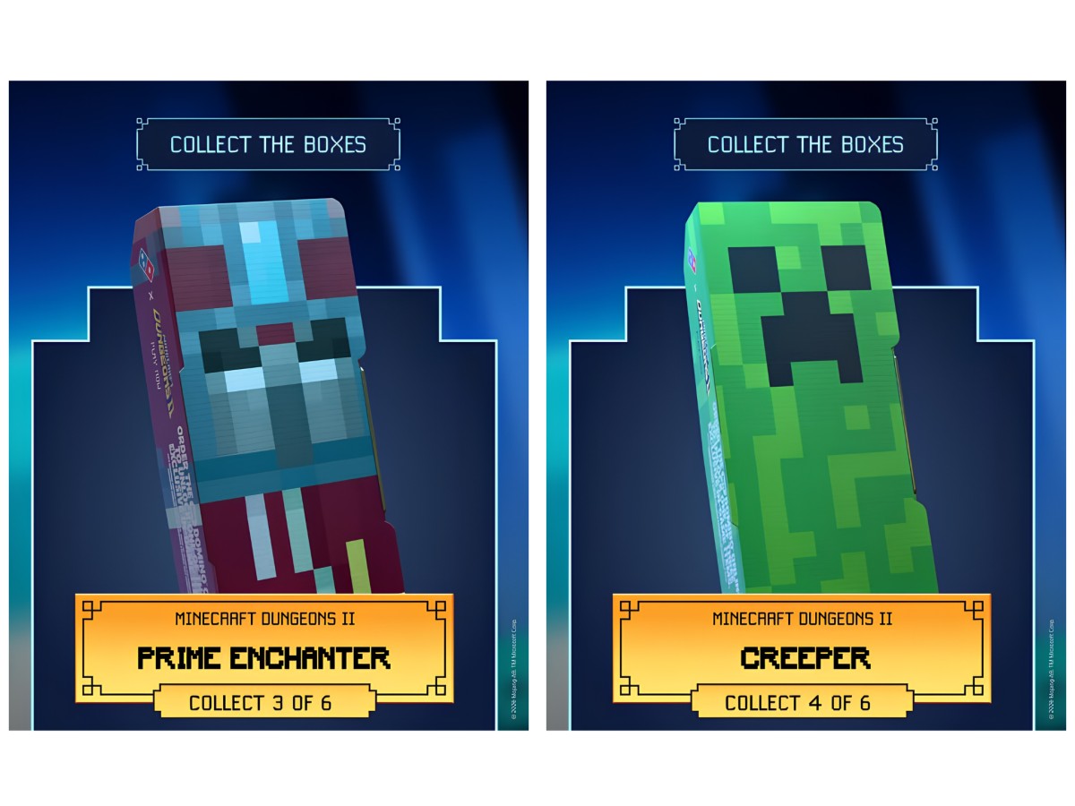 Domino's Minecraft Dungeons II collectible boxes featuring Prime Enchanter and Creeper.