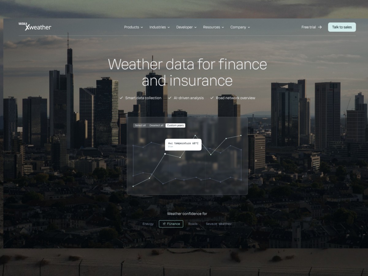 Xweather website section showing financial data chart overlay over city skyline.