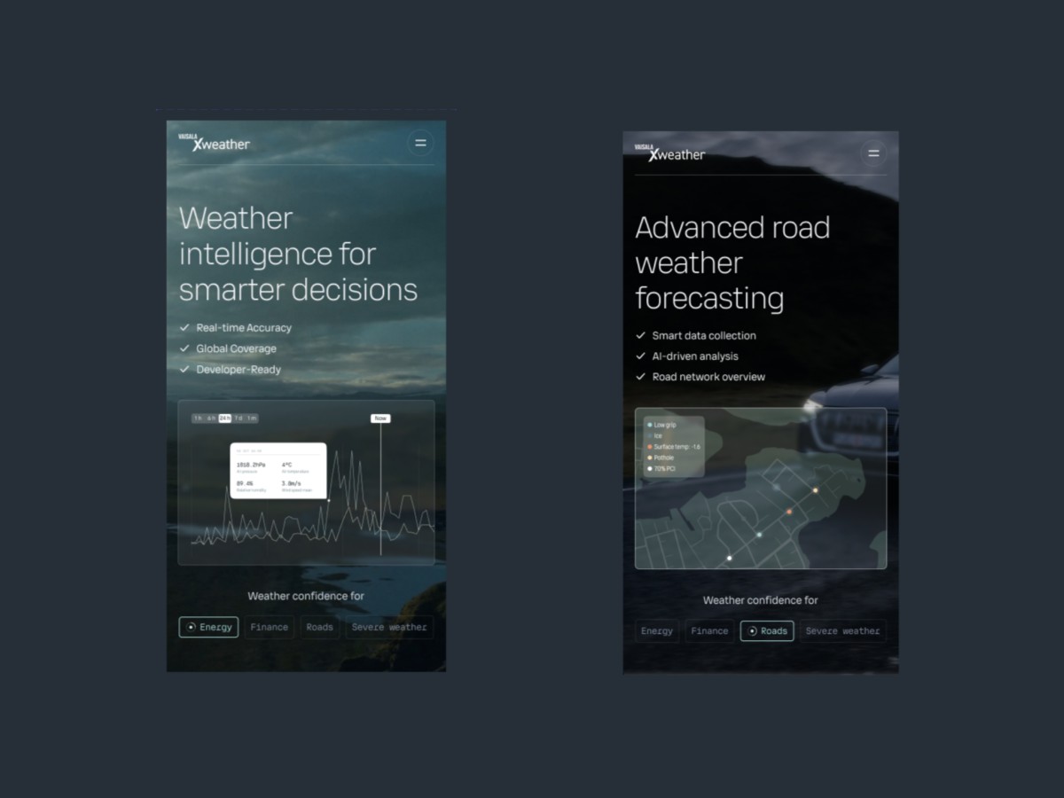 Two mobile screens showcasing Xweather energy and road forecasting interfaces.