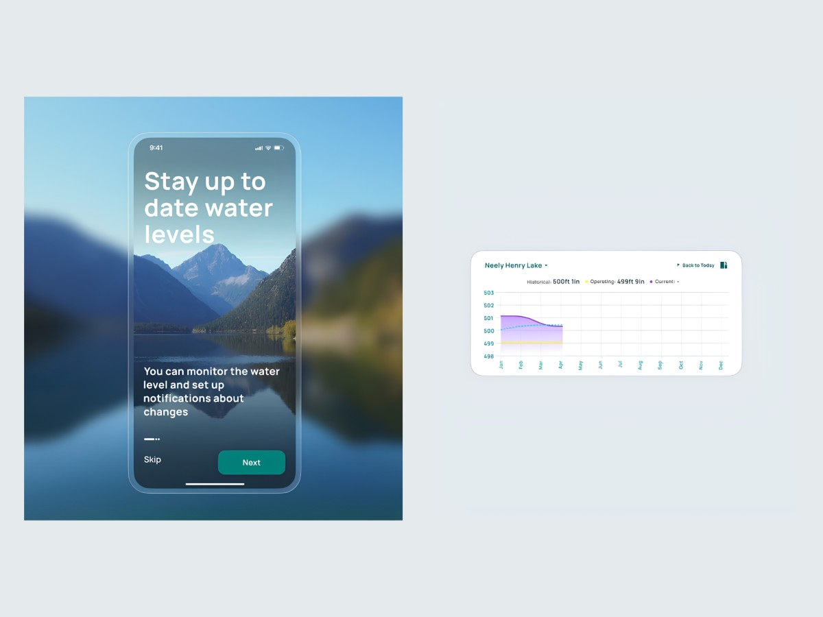 Onboarding screen and water level line chart for Shorelines app.