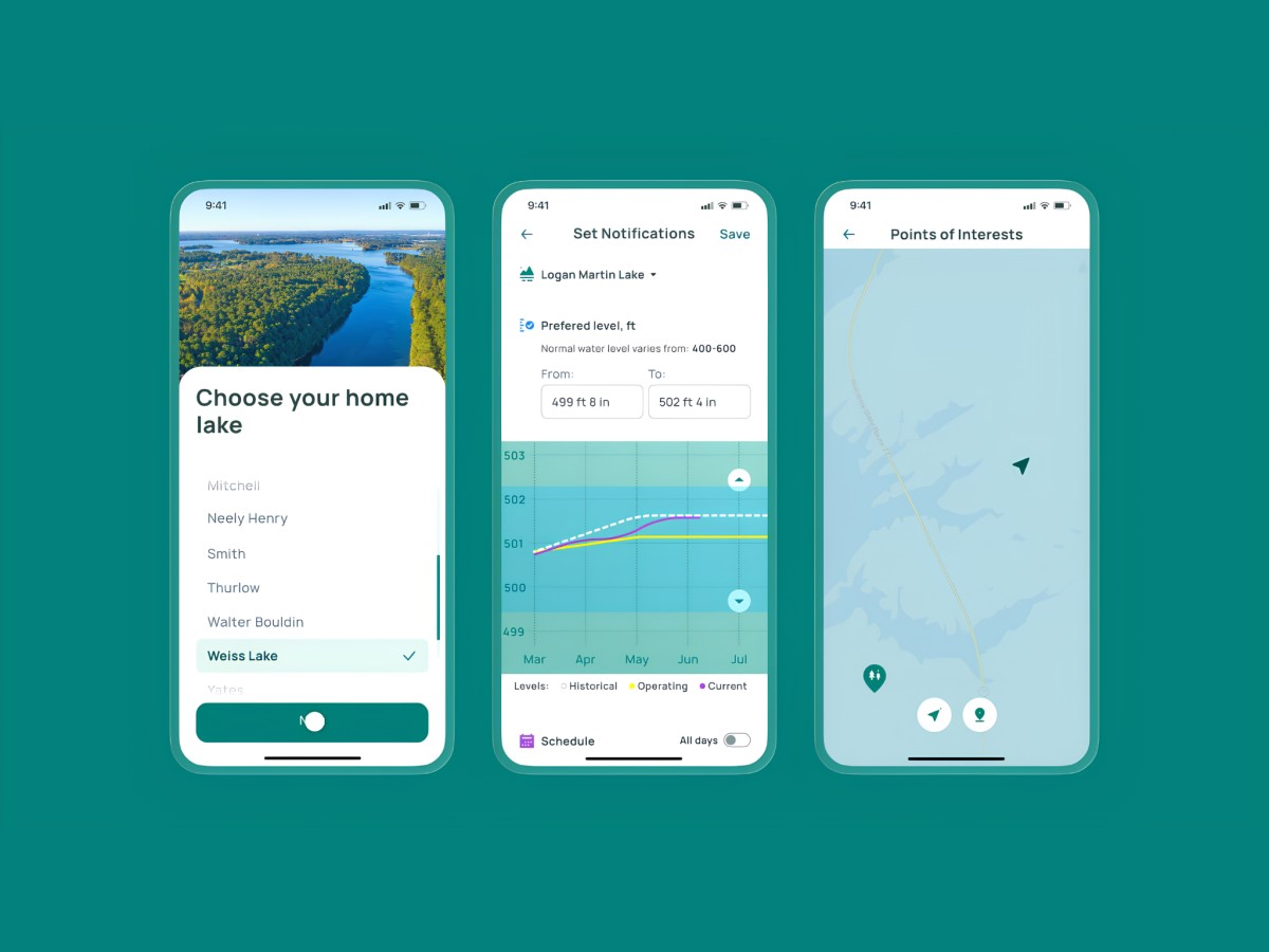 Three mobile screens displaying lake selection, notifications, and map.