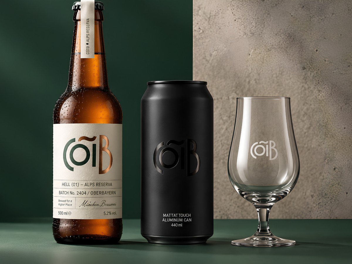 CÖTB branded amber bottle, matte-black can, and glassware.