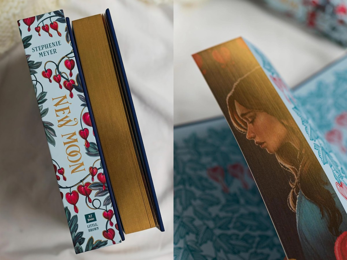 Illustrated book spine alongside gilded edges displaying a hidden portrait.