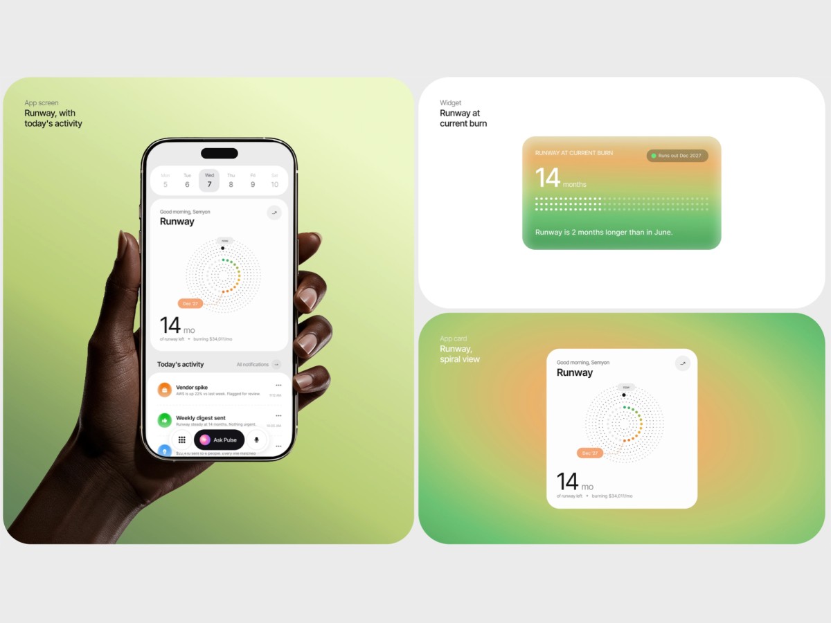 Pulse app screen and widgets displaying financial runway metrics.