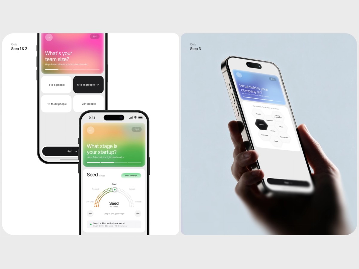 Smartphone screens displaying Pulse app onboarding questionnaire.