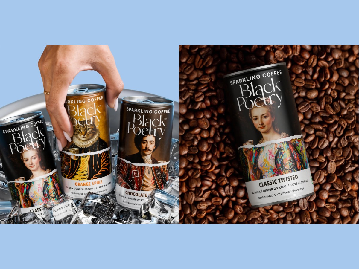 Three Black Poetry cans on ice alongside one on coffee beans.
