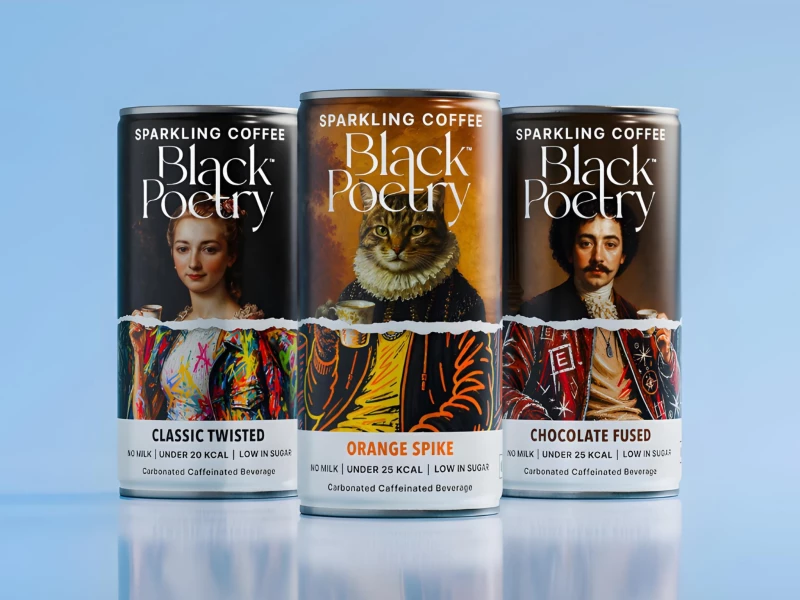 Black Poetry Sparkling Coffee Packaging Design by Open Strategy & Design